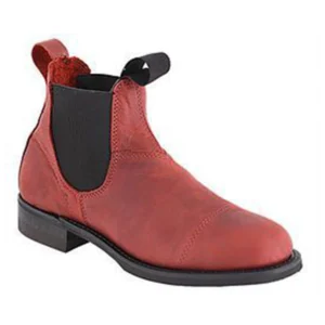 Red leather Chelsea boot with elastic side panels, stylish and comfortable for equestrian enthusiast.