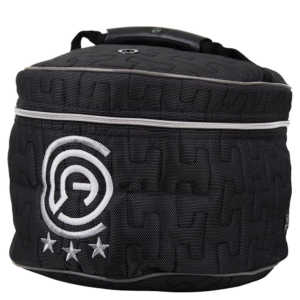 Equestrian helmet carrier bag with logo and adjustable strap for safe helmet storage.