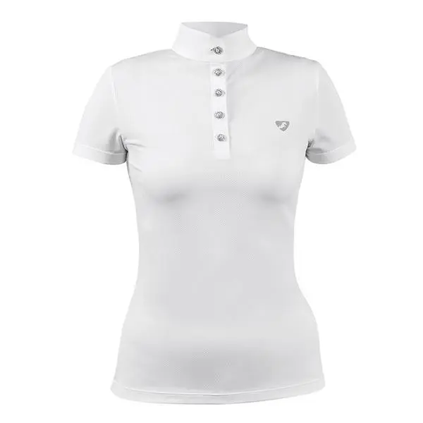 White ladies show shirt with button-up collar and logo detail.