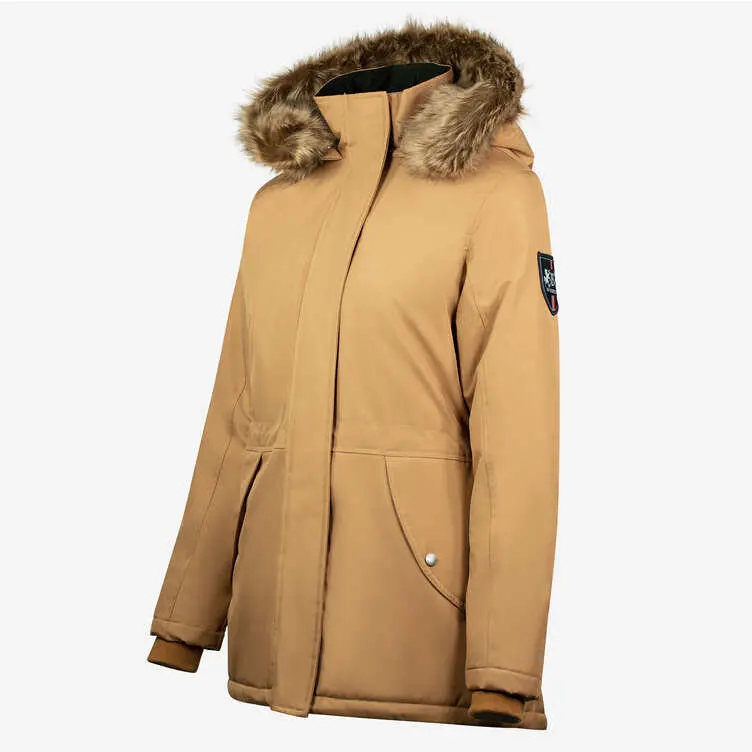 Women's long winter coat with fur-lined hood, stylish and warm for cold weather.