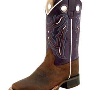 Boots for kids with brown leather foot and violet embroidered shaft, Western style.