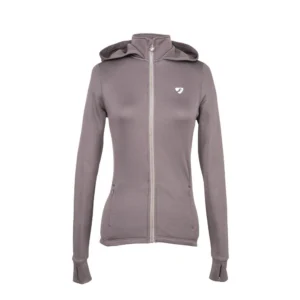 Comfortable women's technical hoodie with hood and full zipper for riding and casual wear.