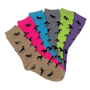 Brightly colored socks with black horse silhouettes, perfect for horse lovers.