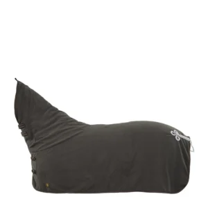 Horse rug with fleece lining and neck cover for cooling and comfort.