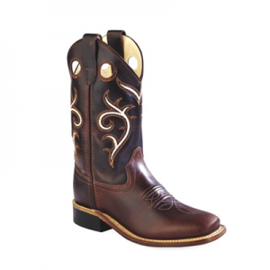 Child's cowboy boot with decorative stitching and western style.