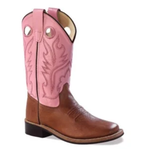 Childs cowboy boot with pink leather shaft and brown leather foot, Western style for kids.