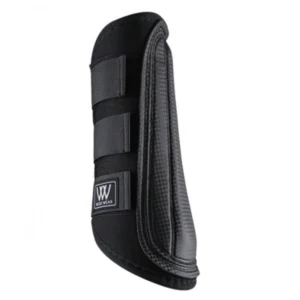 Durable black horse brush boots with secure locking straps for protection.