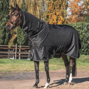 High-quality black turnout rug with neck cover and free 200g liner for horse warmth and comfort.