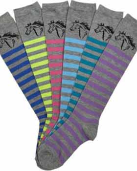 Equine-themed socks with horse illustrations and colorful stripes, perfect for horse lovers and ride.