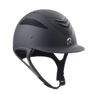 Black equestrian riding helmet with ventilation for horse riding safety.