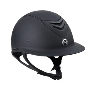 Black equestrian riding helmet with ventilation and adjustable strap.