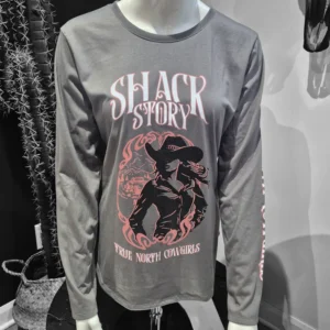 Shack Story Ladies Long Sleeve Tee with horse graphic and North Cowboys text.