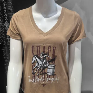 Barrel Racing T-Shirt for Women with Horse and Barrel Design.